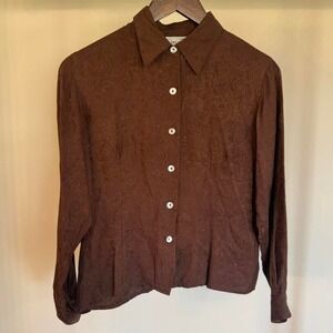 Silk Land Brown Paisley Silk Blouse with Button-Up Front Size Small Petite